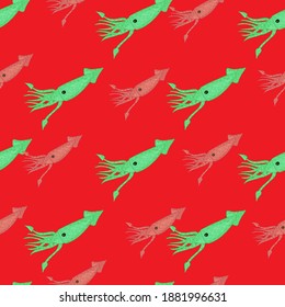 Contrast bright seamless pattern with green squids shapes. Red background. Nature wildlife print. Designed for fabric design, textile print, wrapping, cover. Vector illustration.