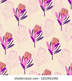 Contrast bright seamless pattern with protea flower. Simple minimalistic wallpaper botanical pattern with nature element.