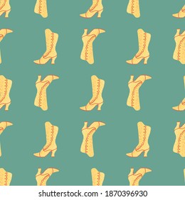 Contraste el patrón brillante sin fisuras con las formas de botas amarillas y naranjas. Fondo turquesa claro. Ilustración vectorial para impresiones textiles estacionales, tela, carteles, telas de fondo y papel pintado.