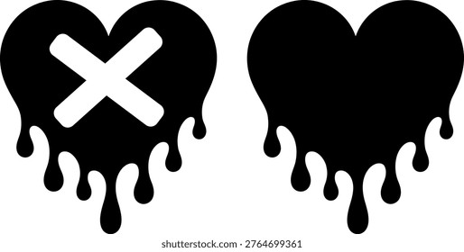 Contrast of broken and intact dripping hearts symbolizing love and loss