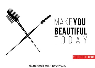Contrast brow comb brush and mascara wand with text label: make you beautiful today. Fashion banner for makeup salon, beauty store. Promo background for makeup artist, beauty stylist, fashion blog.
