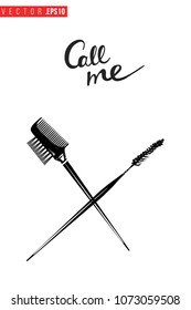Contrast brow comb brush and mascara wand with text label: call me. Fashion banner for makeup salon, beauty store. Promo background for makeup artist, beauty stylist, fashion blog. Cosmetic concept.