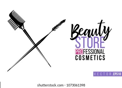 Contrast brow comb brush and mascara wand with text label: beauty store professional cosmetics. Fashion banner for makeup salon, beauty store. Promo background for makeup artist, beauty stylist, blog,