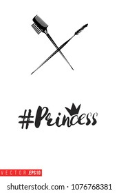 Contrast brow comb brush and mascara wand with text label: princess hashtag. Fashion banner for makeup salon, beauty store. Promo background for makeup artist, beauty stylist, fashion blog.