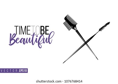 Contrast brow comb brush and mascara wand with text label: time to be beautiful. Fashion banner for makeup salon, beauty store. Promo background for makeup artist, beauty stylist, fashion blog.