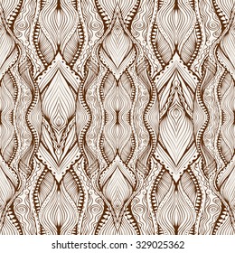 Kontrast braunes nahtloses Ornament. Wiederholen Sie ethnisch laky henna Muster. Abstrakter Hintergrund. Doodle Stil Zen Kunst. Indisches Motiv. Die Vektordatei ist EPS8.