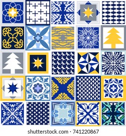 Contrast Christmas background. Set of tiles with different ornaments. Snowflakes, stars, fir trees, classical patterns. White, blue, grey and yellow winter palette.