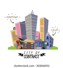 contrast city between downtown and slum. difference - vector illustration