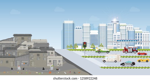 Contrast city between Landscape of slum city or old town slum and urban city landscape with contemporary buildings, gap between poverty and richness, conceptual vector illustration.