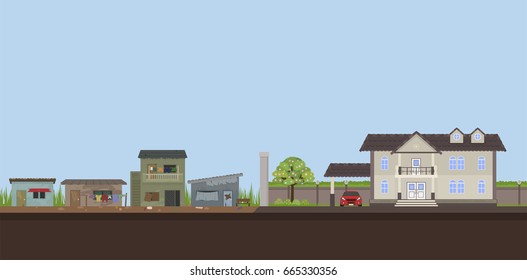 Contrast city between poverty and richness, luxury house and slum, Landscape Vector