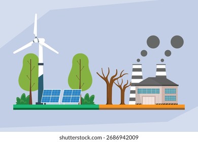 Kontrast zwischen sauberer erneuerbarer Energie und verschmutzender fossiler Brennstofffabrik und Klimawandel 2-D-Vektorgrafik