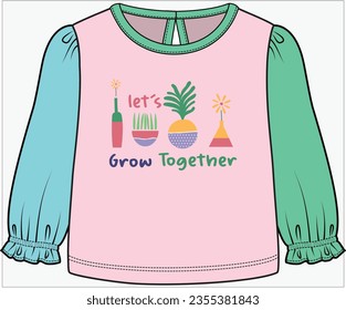 CONTRAST COLOR BLOCK LONG SLEEVES KNIT TOP WITH KEY HOLE OPENING DETAIL AND GROW TOGETHER GRAPHIC DESIGNED FOR INFANT GIRL, TODDLER GIRL AND BABY GIRL IN VECTOR ILLUSTRATION