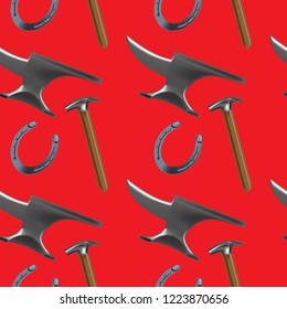 Contrast color seamless pattern with farrier's tools in realistic style. Basic instruments for hoof care and shoeing. Fine for farrier's shop banners, catalogues and horsemanship sites and books.