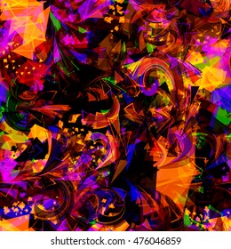 Contrast, colorful. Curved triangle. Sharp angles. Spirals. Abstract seamless vector pattern for the fabric, printing and packaging paper.