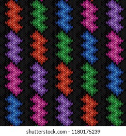 Contrast colorful knitted seamless pattern in pink, blue, orange, green and purple tones on the black background, vector pattern as a fabric texture