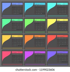 Contrast colorful new 2019 full year calendar in bright rainbow colors on dark background. Week starts in Sunday, 12 month with place for images. Work and holiday events planner