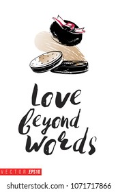 Contrast compact powder puff with text label: love beyond words. Fashion banner for makeup salon, beauty store. Promo background for makeup artist, beauty stylist, fashion blog. Cosmetic concept.