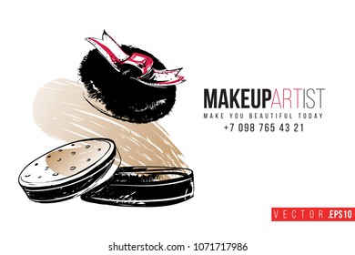 Contrast compact powder puff with text label: makeup artist. Fashion banner for makeup salon, beauty store. Promo background for makeup artist, beauty stylist, fashion blog. Cosmetic concept.