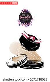 Contrast compact powder puff with text label: time to be beautiful. Fashion banner for makeup salon, beauty store. Promo background for makeup artist, beauty stylist, fashion blog. Cosmetic concept.