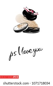 Contrast compact powder puff with text label: ps i love you. Fashion banner for makeup salon, beauty store. Promo background for makeup artist, beauty stylist, fashion blog. Cosmetic concept.
