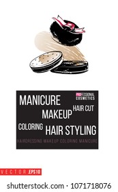 Contrast compact powder puff with text label: manicure makeup hair styling. Fashion banner for makeup salon, beauty store. Promo background for makeup artist, beauty stylist, fashion blog.