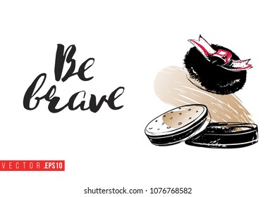 Contrast compact powder puff with text label: be brave. Fashion banner for makeup salon, beauty store. Promo background for makeup artist, beauty stylist, fashion blog. Cosmetic concept.