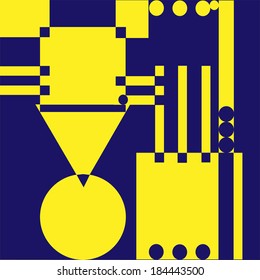 Contrast composition of geometric shapes, different sizes and colors: yellow and dark blue.