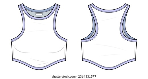 Contrast cropped tank top with a Round neckline, curved hem, Unlined Slim fit Slip-on style Sleeveless women's top, Front, and back fashion flat sketch. CAD mockup set Technical drawing, artwork