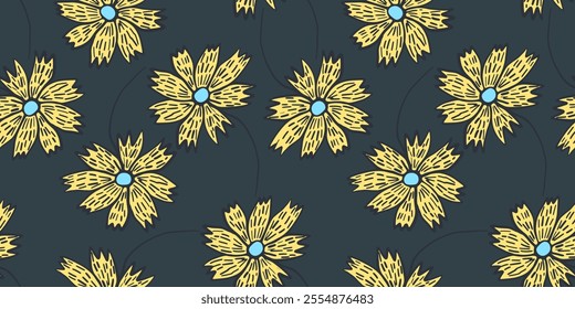Contrast dark green floral seamless pattern with doodle yellow flowers. Cute bright orange hand drawn blossoms print for textile, wrapping paper, surface, wallpaper