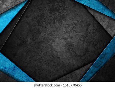 Contrast dark grey and blue curved stripes. Abstract grunge tech graphic design. Old wall concrete texture. Vector corporate background