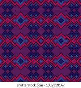 Contrast dark knitted seamless pattern in violet, blue, and pink colors, vector pattern as a fabric texture