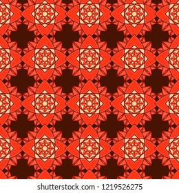 Contrast decorative abstract pattern consists of mandala in red, orange and beige hues on the dark background, seamless vector as a fabric texture