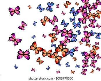 Contrast decorative butterfly silhouette kite texture on white. Season butterfly hover theme vector in pink, violet, red, blue and purple colors. Repeating insect soar clipart for wallpaper.