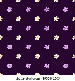 Contrast ditsy seamless pattern with white and lilac flower buds ornament. Dark purple background. Decorative backdrop for fabric design, textile print, wrapping, cover. Vector illustration.