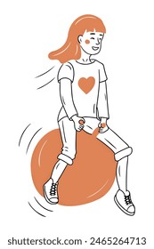 Contrast doodle drawing of girl jumping on fitness ball. Contour flat sketchy illustration isolated on white background. Vector happy childhood concept for logo, sticker