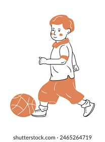 Contrast doodle drawing of small boy playing football. Contour flat sketchy illustration isolated on white background. Vector happy childhood concept for logo, sticker