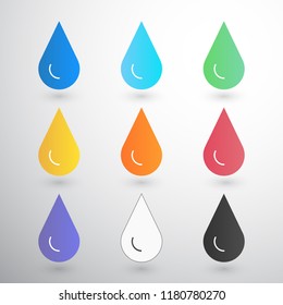 Contrast Drops with blur on white drop of water, amber, blood, ink, oil, printer etc.