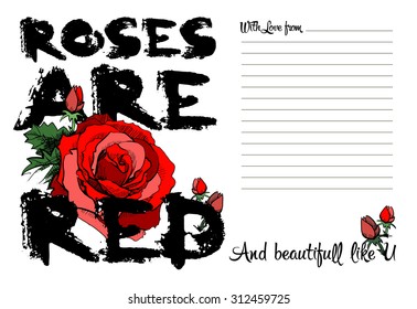 Contrast dry brush font love message poster Roses are red cute words with flowers, rose, buds, greeting card and letter design with space to write.