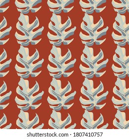 Contrast exotic seamless pattern with grey and beige tones monstera leaf silhouettes. Bright maroon background. Great for wallpaper, textile, wrapping paper, fabric print. Vector illustration.