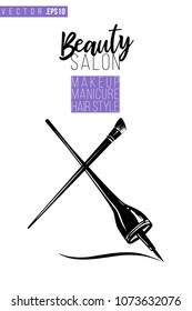 Contrast eyeliner stroke and brow brush with text label: beauty salon. Fashion banner for makeup salon, beauty store. Promo background for makeup artist, beauty stylist, fashion blog.