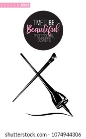 Contrast eyeliner stroke and brow brush with text label: time to be beautiful. Fashion banner for makeup salon, beauty store. Promo background for makeup artist, beauty stylist, fashion blog.