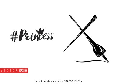 Contrast eyeliner stroke and brow brush with text label: princess hashtag. Fashion banner for makeup salon, beauty store. Promo background for makeup artist, beauty stylist, fashion blog.
