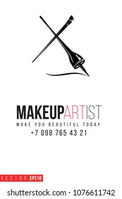 Contrast eyeliner stroke and brow brush with text label: makeup artist. Fashion banner for makeup salon, beauty store. Promo background for makeup artist, beauty stylist, fashion blog.