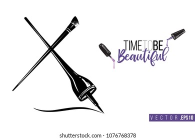 Contrast eyeliner stroke and brow brush with text label: time to be beautiful. Fashion banner for makeup salon, beauty store. Promo background for makeup artist, beauty stylist, fashion blog.