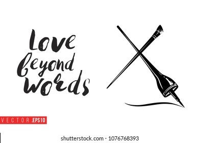 Contrast eyeliner stroke and brow brush with text label: love beyond words. Fashion banner for makeup salon, beauty store. Promo background for makeup artist, beauty stylist, fashion blog.