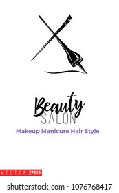 Contrast eyeliner stroke and brow brush with text label: beauty salon. Fashion banner for makeup salon, beauty store. Promo background for makeup artist, beauty stylist, fashion blog.