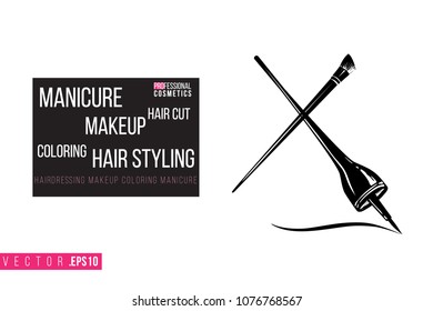 Contrast eyeliner stroke and brow brush with text label: manicure makeup hair styling. Fashion banner for makeup salon, beauty store. Promo background for makeup artist, beauty stylist, fashion blog.