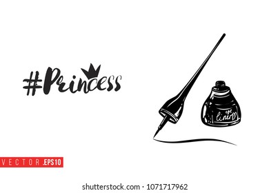 Contrast eyeliner stroke with text label: princess hashtag. Fashion banner for makeup salon, beauty store. Promo background for makeup artist, beauty stylist, fashion blog. Cosmetic concept.