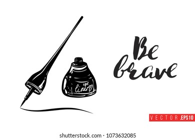 Contrast eyeliner stroke with text label: be brave. Fashion banner for makeup salon, beauty store. Promo background for makeup artist, beauty stylist, fashion blog. Cosmetic concept.