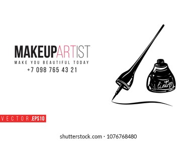 Contrast eyeliner stroke with text label: makeup artist. Fashion banner for makeup salon, beauty store. Promo background for makeup artist, beauty stylist, fashion blog. Cosmetic concept.